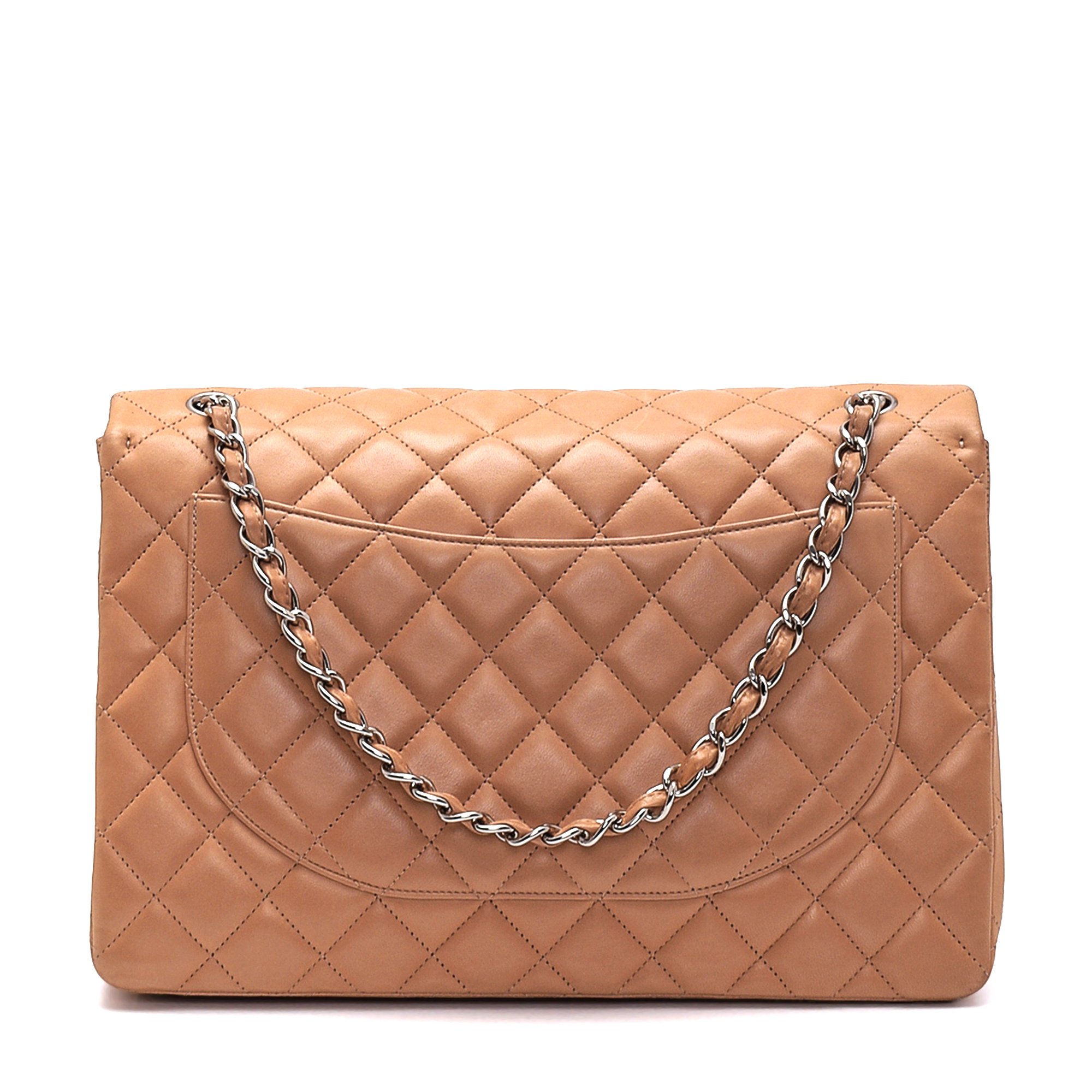 Chanel - Beige Quilted Lambskin Leather Maxi Jumbo Single Flap Bag